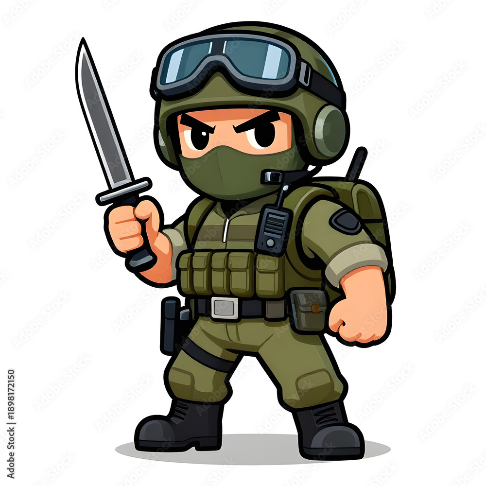 Obraz premium A sturdy special forces soldier with a combat weapon, fully equipped in special combat gear. Cartoon mascot, illustration, clean lines, flat design, modern, high quality