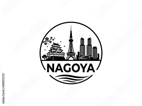 Wallpaper Mural Nagoya city of Japan stylized black and white skyline logo with iconic architecture Torontodigital.ca