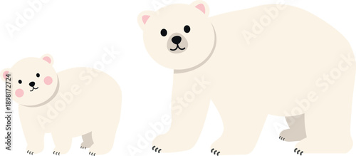 Cute polar bear with baby cub, hand-drawn children’s illustration, adorable Arctic animal family, cartoon style vector, isolated on white background
