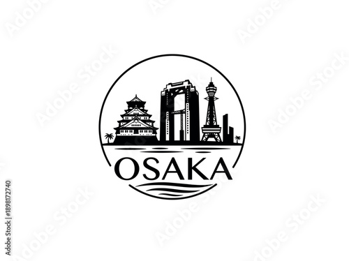 Osaka city of Japan stylized black and white skyline logo with iconic architecture