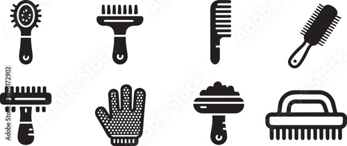 Black silhouettes of various grooming tools including brushes combs and a glove