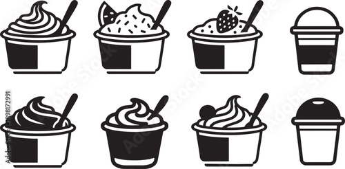 Black and white illustration of various yogurt containers with toppings and spoons