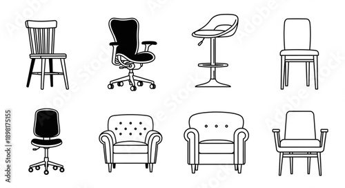 Collection of Various Chair Styles Hand Drawn Illustration.
