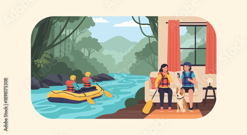 Two people in a room with a dog, while a raft drifts down a jungle river