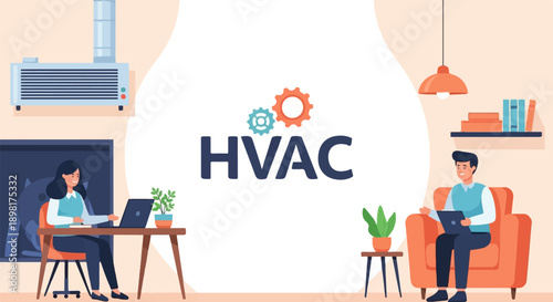 Two people in a room with a prominent HVAC logo and equipment