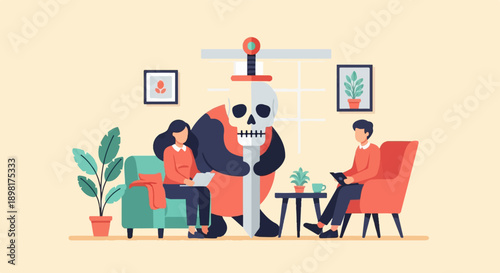 Two people in a room with a large skull impaled by a sword