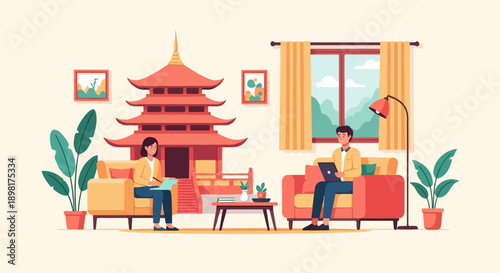 Two people in a room with Asian architecture, plants, and a window view