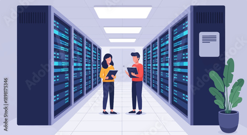 Two people in a server room with rows of glowing computer racks