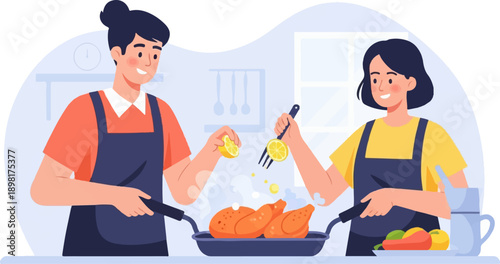 Two people in aprons preparing roasted chicken in a kitchen