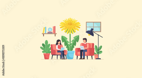 Two people in armchairs by a giant dandelion, working on laptops
