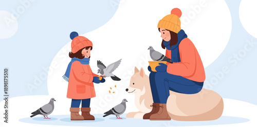 Two people feed birds and a dog in the snow