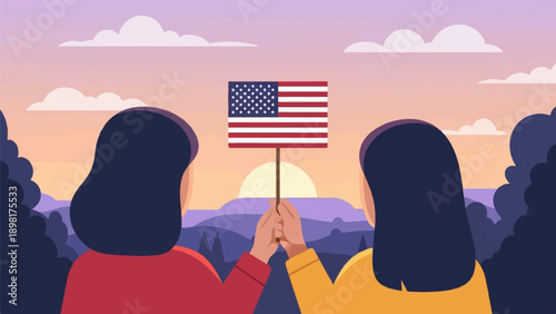 Two people hold an American flag at sunset
