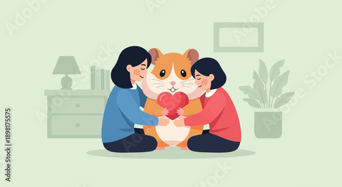 Two people hug a hamster holding a heart, indoors