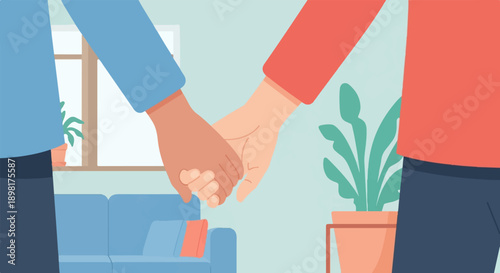 Two people holding hands indoors, with furniture and plants visible