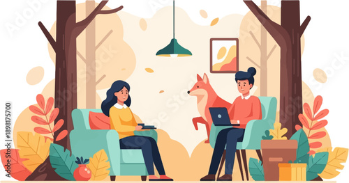 Two people and a fox relax in cozy chairs amidst autumnal foliage