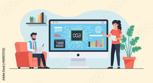 Two people collaborating on a computer displaying data, charts, and a circuit board