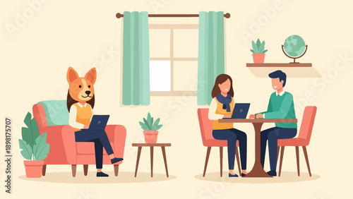 Two people and a dog-headed person working on laptops at home