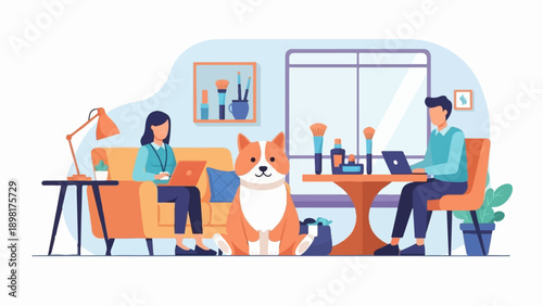 Two people and a dog work on laptops in a cozy room (1)