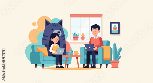 Two people and a large cat sit on sofas using laptops