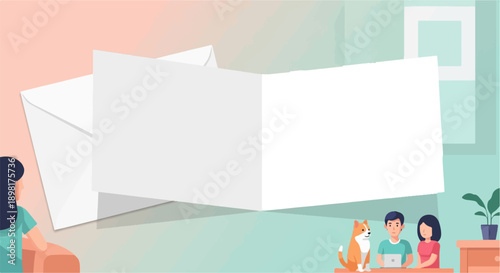 Two people and a dog work on laptops in a cozy room with blank papers