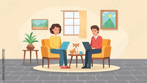 Two people and a dog work on laptops in a cozy living room setting