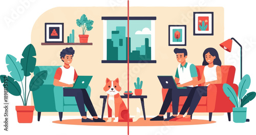 Two people and a dog work on laptops in a cozy living room (1)