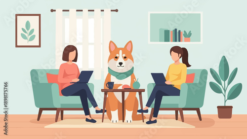 Two people and a dog work on laptops in a cozy living room