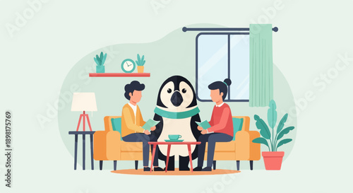 Two people and a penguin sit on sofas reading books in a room