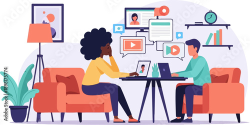 Two people collaborating online in a cozy living room with video content displayed