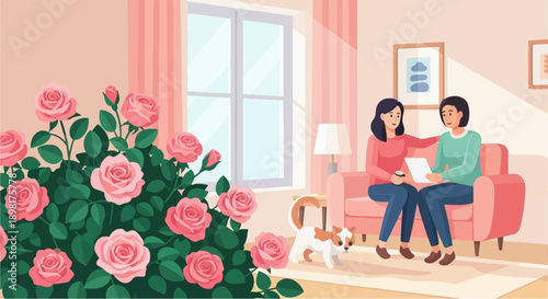 Two people and a pet enjoy a cozy domestic scene with blooming roses