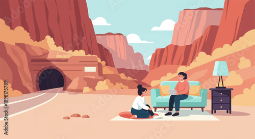 Two people in a desert canyon with a tunnel, working on laptops