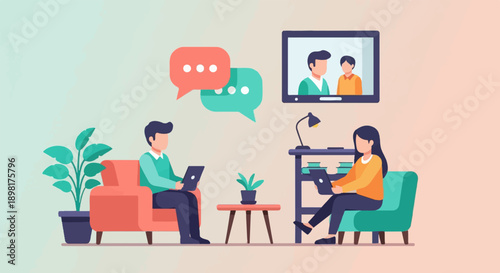 Two people communicate digitally while seated in comfortable living room chairs