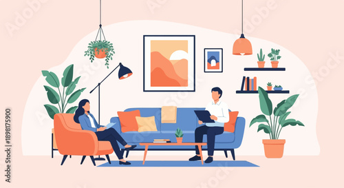 Two people in a living room, one on a sofa and one in an armchair, conversing