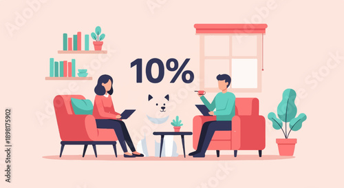 Two people and a dog in a cozy room, a 10% discount displayed