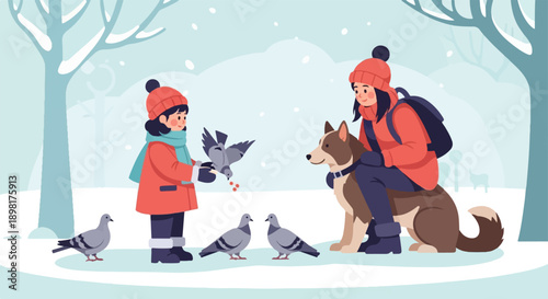 Two people and a dog feed pigeons in a snowy, winter forest