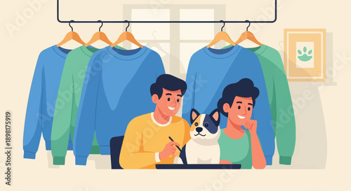 Two people and a dog sit near hanging clothes and a paw print picture