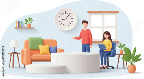 Two people in a living room, one standing, one seated with laptop