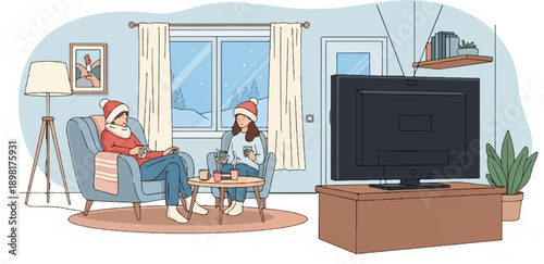 Two people cozying up indoors on a snowy day