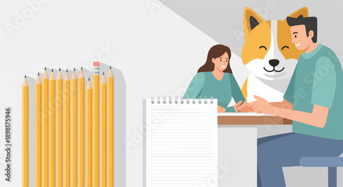 Two people and dog drawing at a desk with pencils