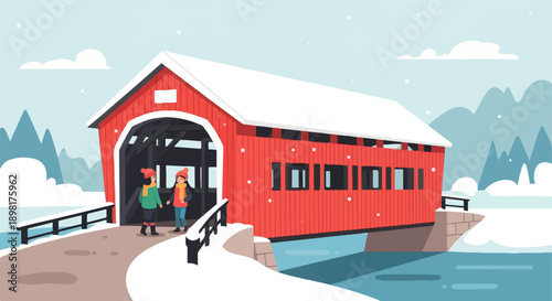 Two people cross a snowy bridge over water with mountains in background