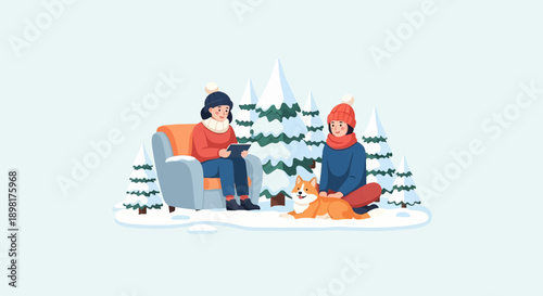 Two people and a dog enjoy a snowy winter day by fir trees