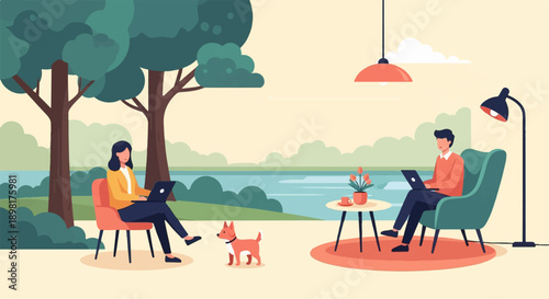 Two people and a dog enjoy outdoor work near a serene lake