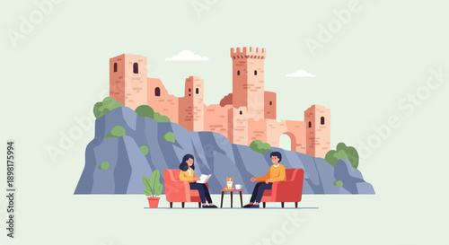 Two people and a dog sit in armchairs before a ruined castle on a cliff