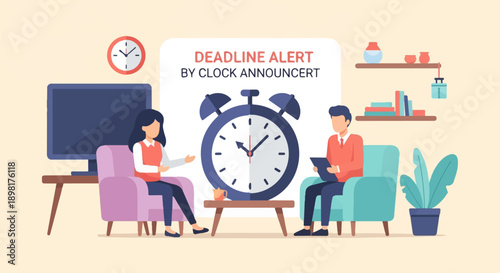 Two people discuss a deadline, with an alarm clock emphasizing urgency