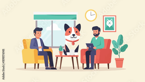 Two men and a dog sit in a room with a plant and artwork