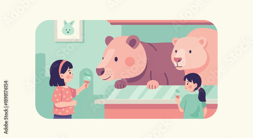 Two girls offering ice cream cones to two large bears in a zoo enclosure