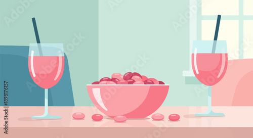 Two glasses of pink drink and a bowl of candy with scattered sweets on a table