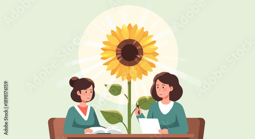 Two girls studying together under a large sunflower, bright background