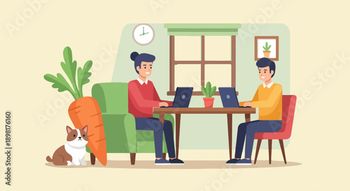 Two men and a dog work on laptops in a cozy room with a large carrot