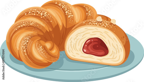 Two golden baked pastries, one with berry filling, on a blue plate